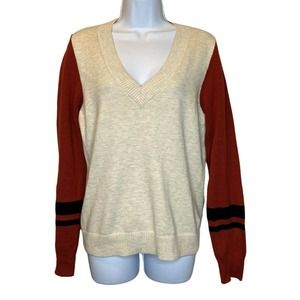 Treasure & Bond Cotton Ivory Colorblock Band Sleeve V Neck Pullover Sweater Sz S